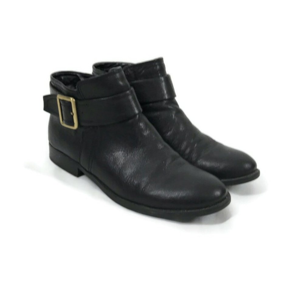 Franco Sarto Black Leather Ankle Boots Booties Buckle Belt
